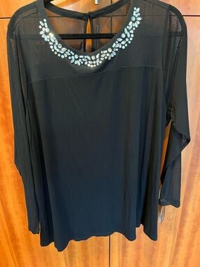 Luxe Black Jewel-Embellished Sheer Yoke Blouse
